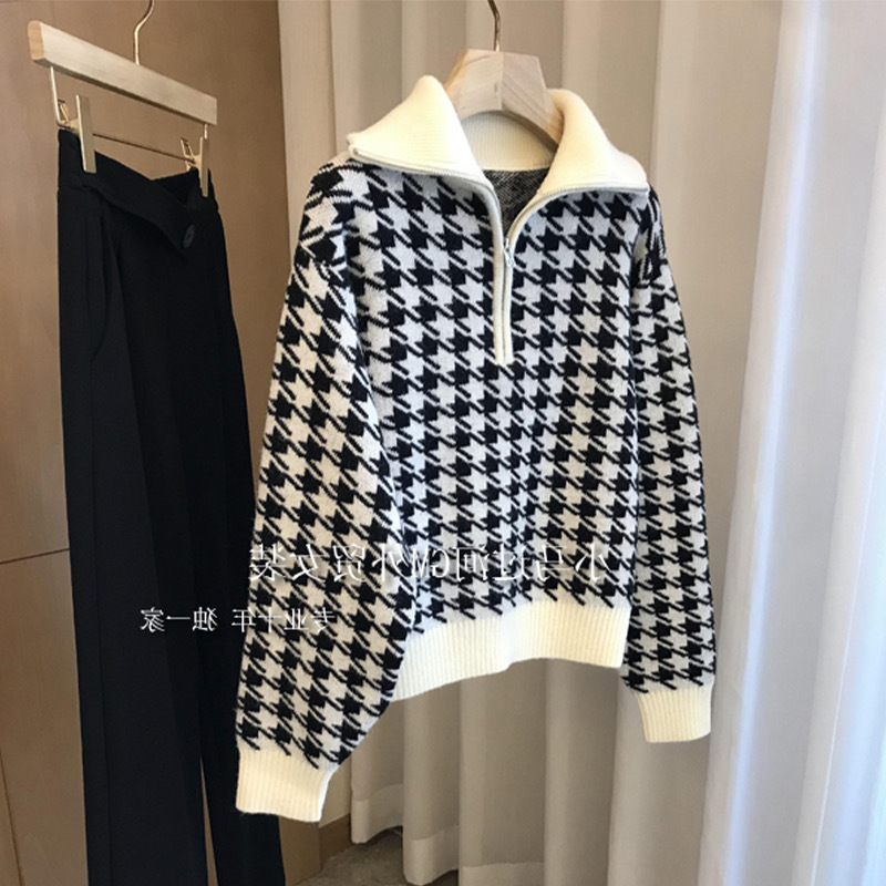 高級感千鳥格半拉鏈毛衣女秋冬慵懶風加厚翻領獨特超好看打底上衣