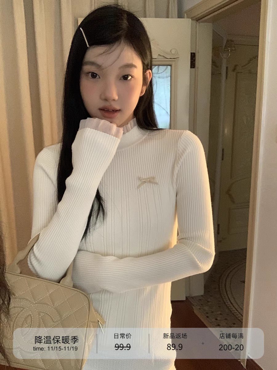 紅人館蝴蝶結毛衣女秋冬2023新款內搭設計高級感半高領針織打底衫