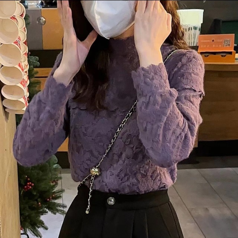 Big-faced half-high collar lace plus velvet bottoming shirt for women 2023 new style temperament slim inner long-sleeved top