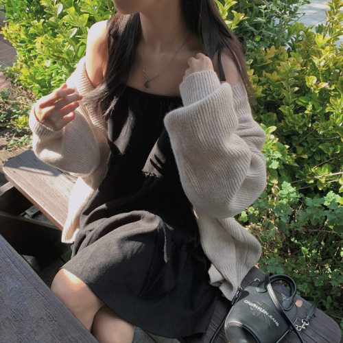 韩国chic秋季法式气质简约打底系带吊带宽松连衣裙小个子短裙