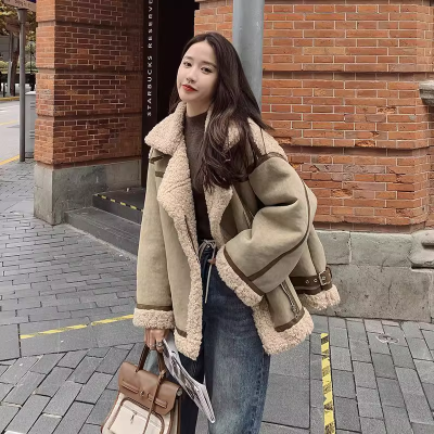 Fur integrated lamb wool coat for women winter thickened 2023 new design stitching thickened motorcycle jacket cotton coat