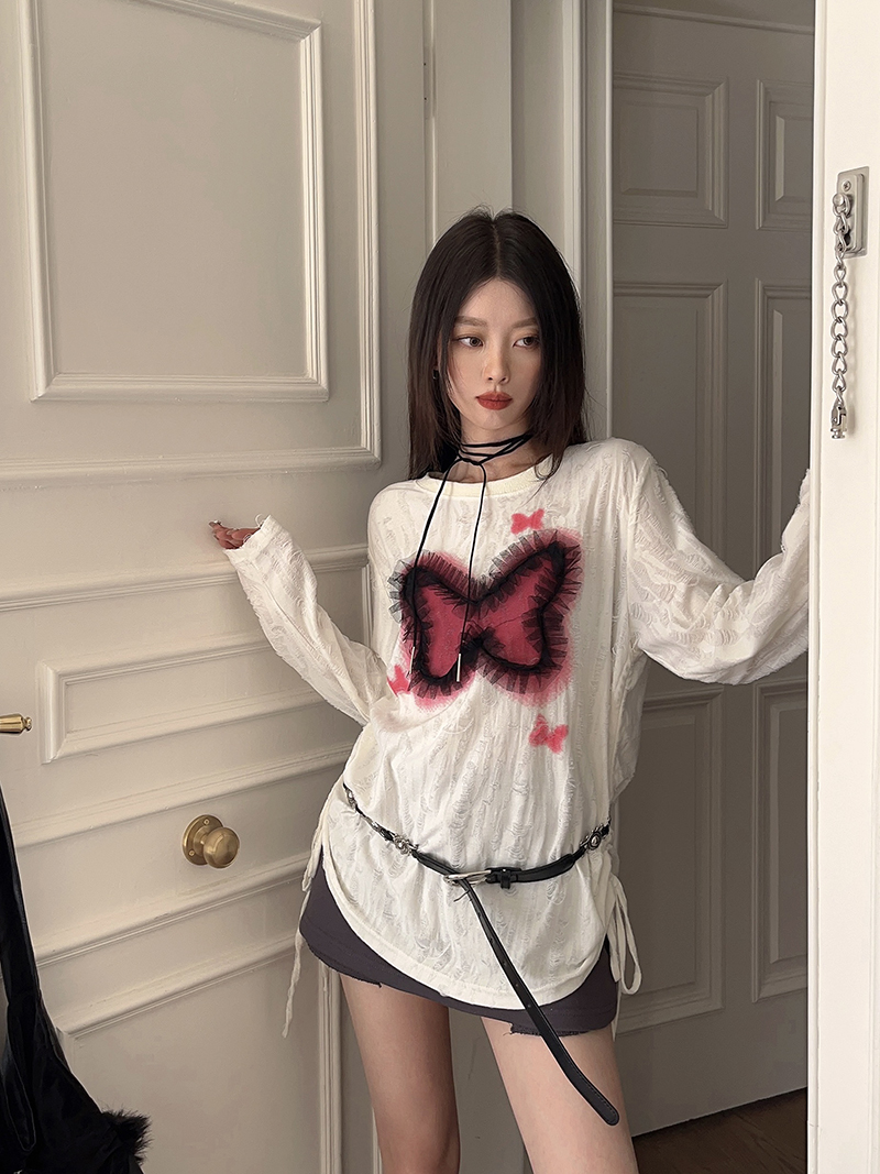 實拍2023新款秋冬蝴蝶白色長袖上衣女修身打底衫T恤抽繩上衣
