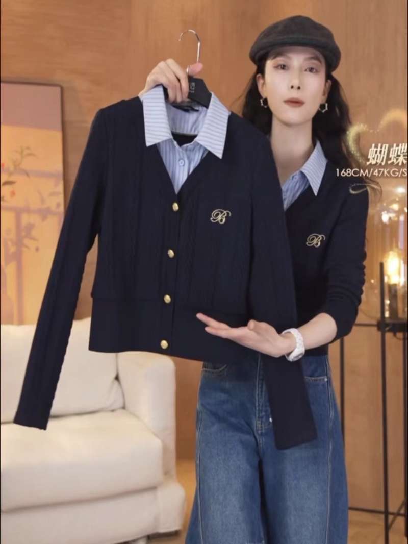 秋冬2023時尚減齡假兩件撞色設計針織開衫外套女氣質百搭毛衣上衣