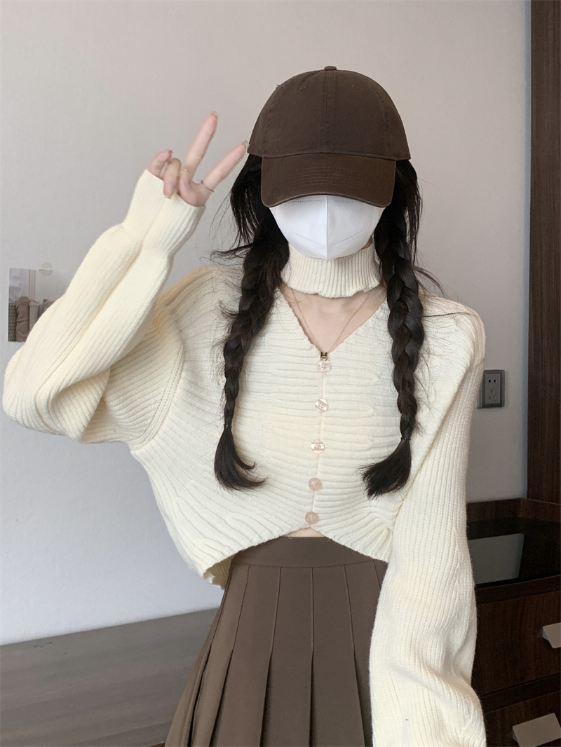 實拍 秋冬新款韓版設計感單排扣長袖針織衫女修身顯瘦短款毛衣