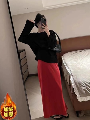 Tmall high-waist slimming and drapey ins hip-hugging skirt for small people plus velvet thickened knitted skirt