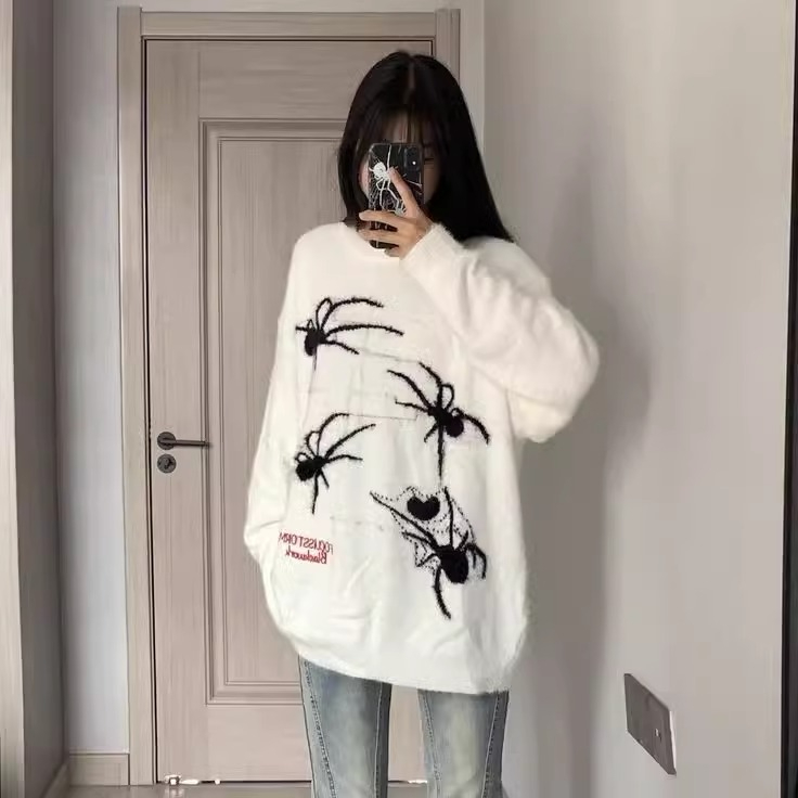 美式慵懶學院風蜘蛛圓領套頭毛衣女設計感高街情侶針織衫 仿貂