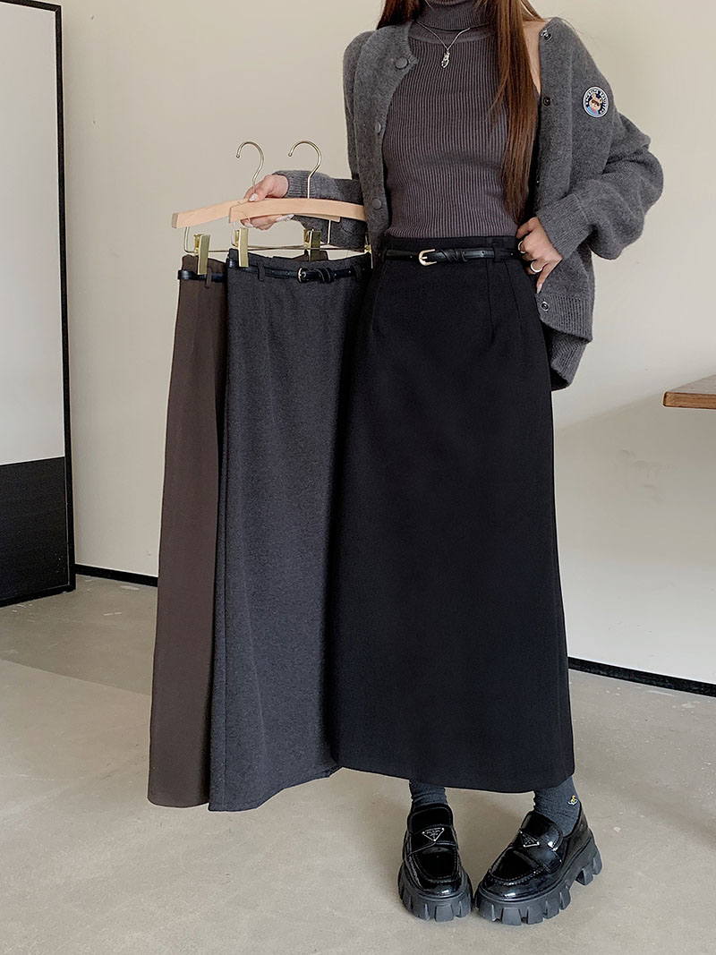 Actual shot ~ 2023 new autumn and winter Korean style slim and versatile woolen skirt commuting mid-length skirt with belt