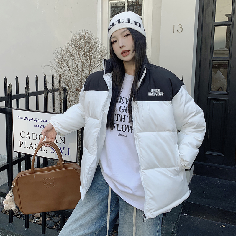 American retro national trend color-blocked short bread coat couple cotton coat winter stand-up collar loose coat