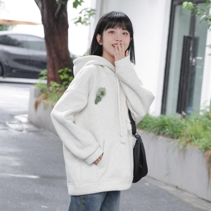 官圖 加厚灰色連帽衛衣女2023冬季新款韓版慵懶風休閒上衣外套