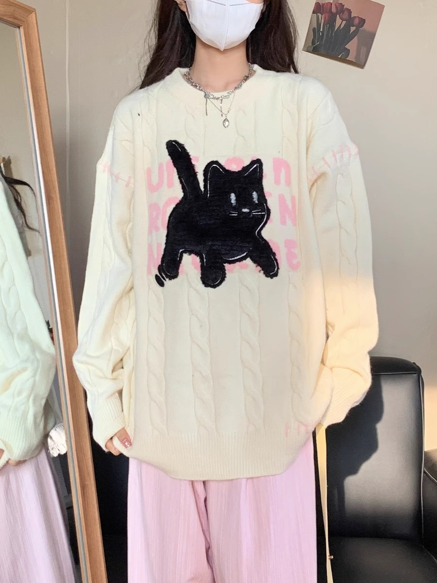 日系卡通小黑貓刺繡針織毛衣男女圓領慵懶風套頭上衣