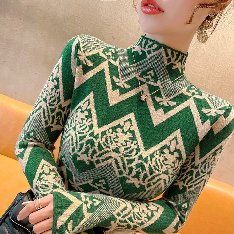 半高領毛衣女打底針織衫時尚洋氣撞色百搭新款秋冬修身內搭上衣