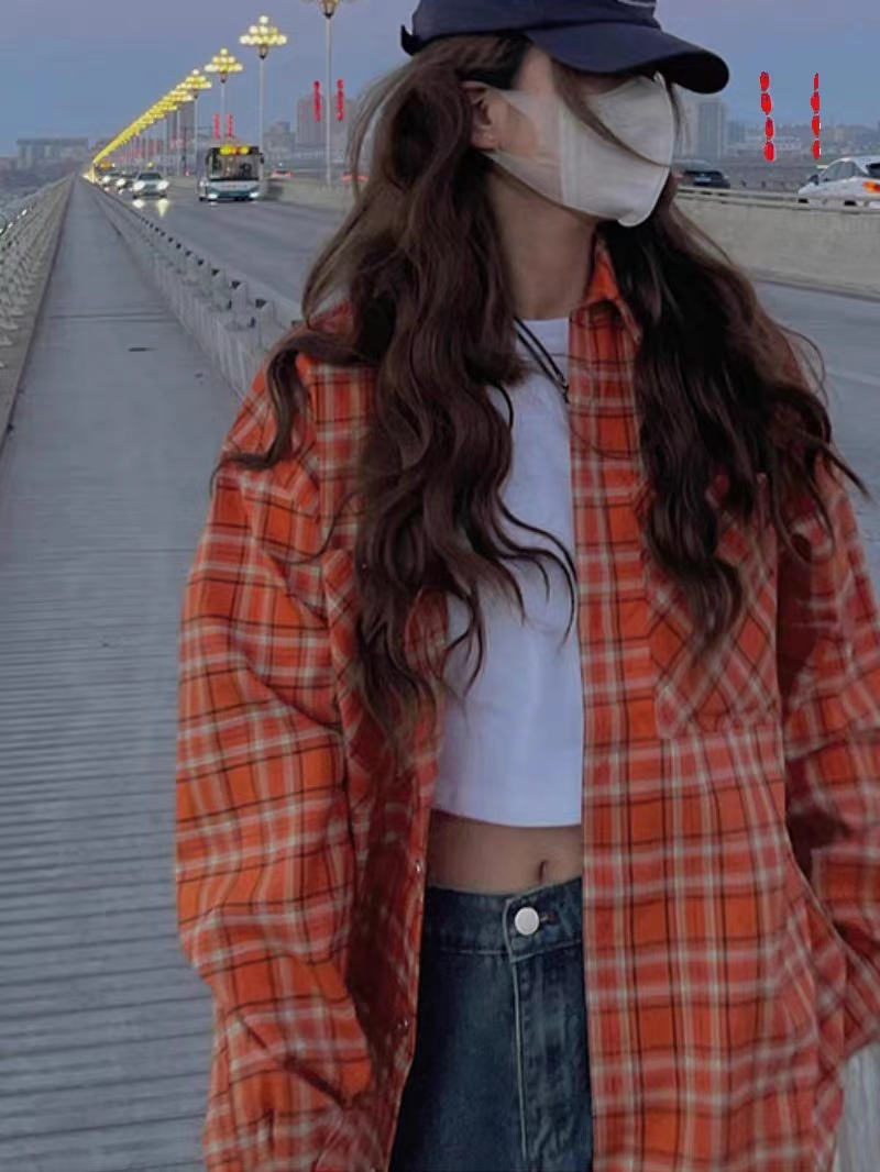 橙色美式復古格子襯衫外套女秋季氣質高級感寬鬆上衣防曬襯衣薄款