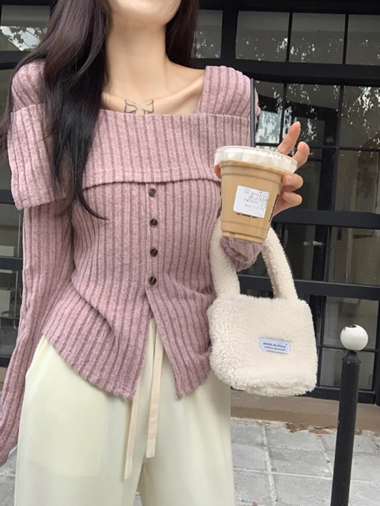 溫柔風一字肩長袖T恤女秋冬設計感開叉修身ins風上衣