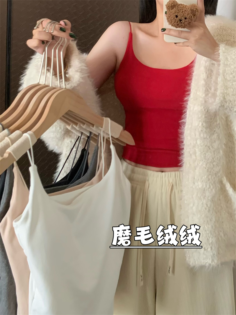 實拍秋冬磨毛絨絨細肩帶顯瘦保暖打底背心帶胸墊吊帶上衣