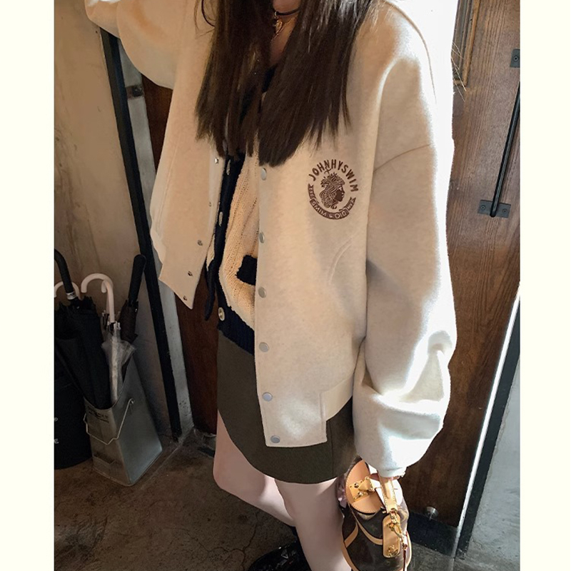 官圖華棉複合牛奶絲有內里美式復古刺繡短款棒球服外套女