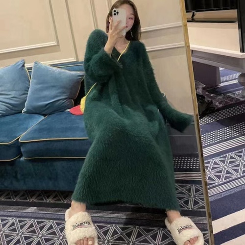 Mink wool long knee-length wool knitted dress for women autumn and winter new style loose and lazy sweater internet celebrity long skirt