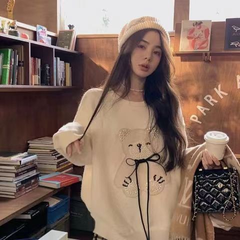 溫柔風設計感新款圓領套頭小熊寬鬆顯瘦小眾針織毛衣女加厚秋冬季
