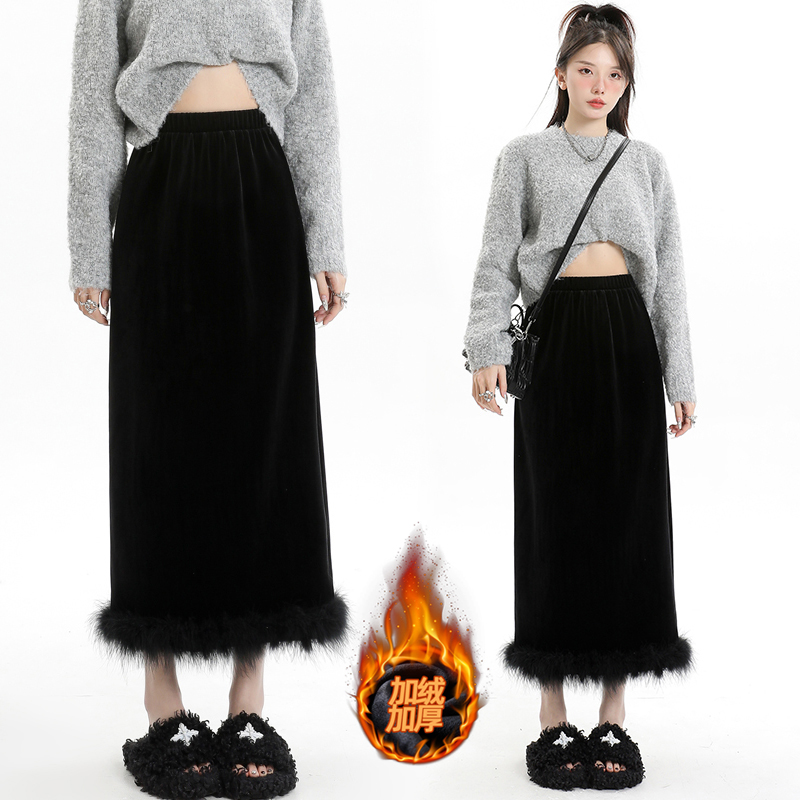 Real shot of black velvet fur skirt for women 2023 autumn and winter high-end slit hip-covering long skirt one-step skirt
