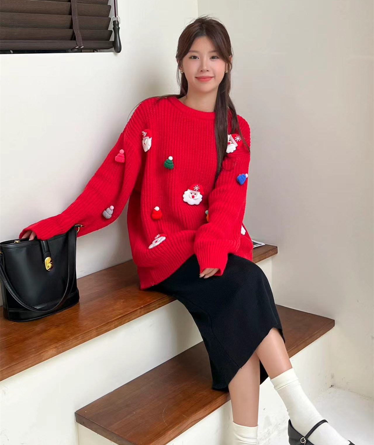 聖誕紅色毛衣女過年喜慶針織立體聖誕老人外穿秋冬慵懶風寬鬆上衣