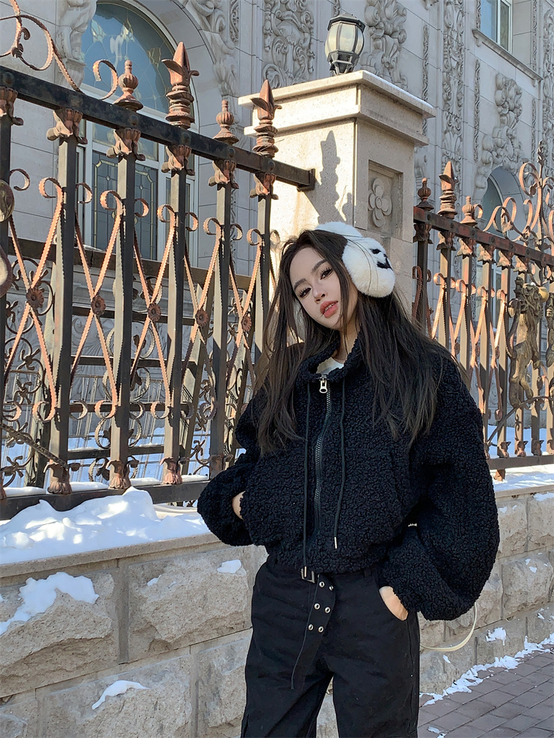 Real shot Melbourne vibe black imitation lambswool cardigan jacket high waist design overalls