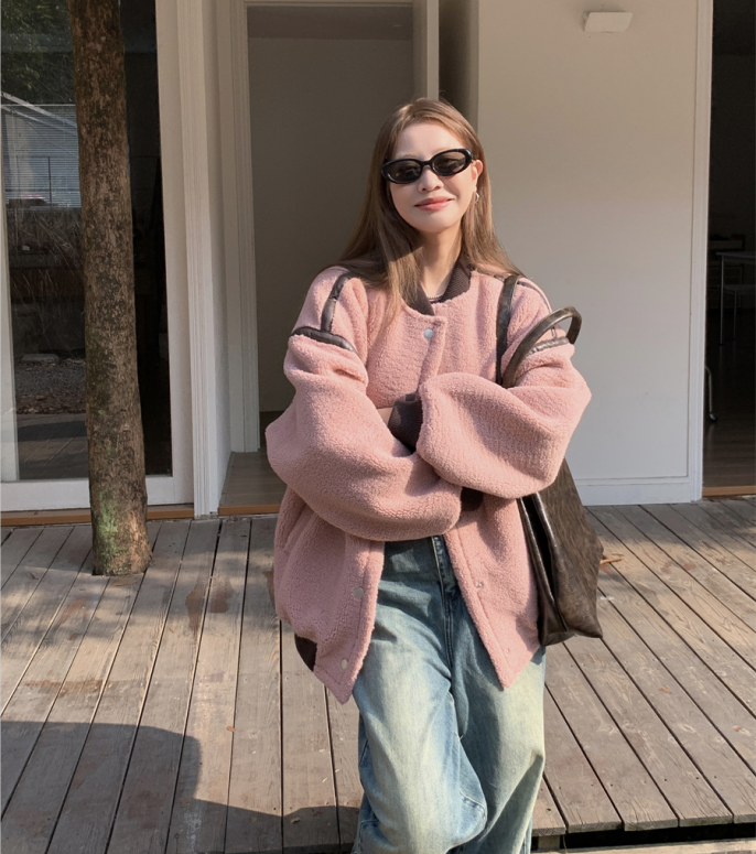 Real shot!  American contrasting color splicing loose lambswool cotton coat, slim and stylish single-breasted quilted baseball jacket