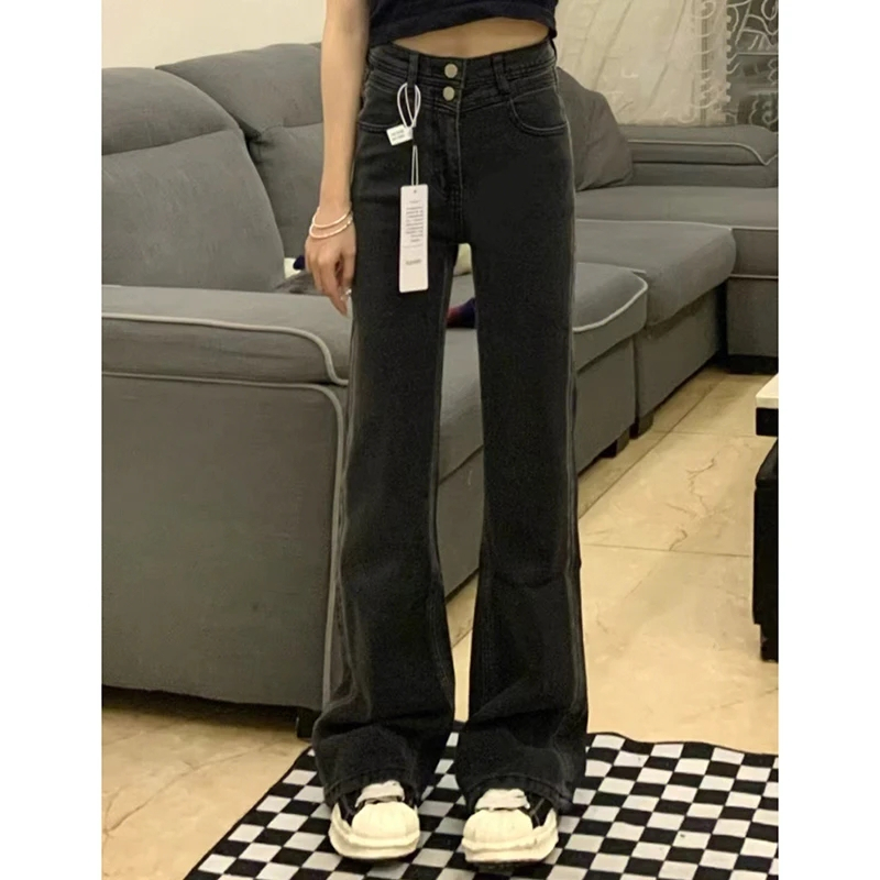 American retro high street micro-flare jeans for women in spring and autumn plus size fat mm high waist slim design horseshoe pants