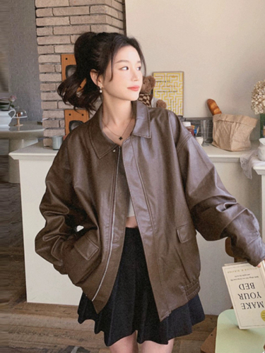 Maillard Leather Jacket Women's Spring, Autumn and Winter New American Retro Jacket Small Brown Top