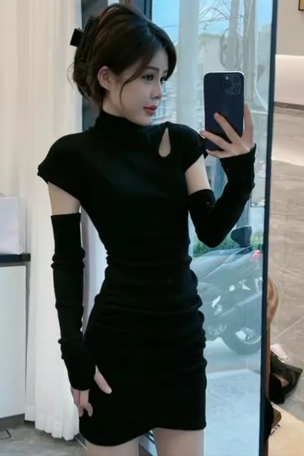 半高領法式氣質連衣裙女秋冬季修身顯瘦短裙辣妹純欲長袖包臀裙女