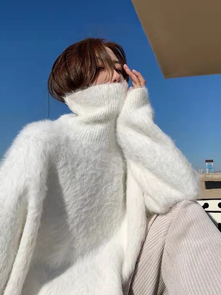 白色水貂絨高領套頭毛衣女秋冬季內搭高級感軟糯毛茸茸加厚打底衫