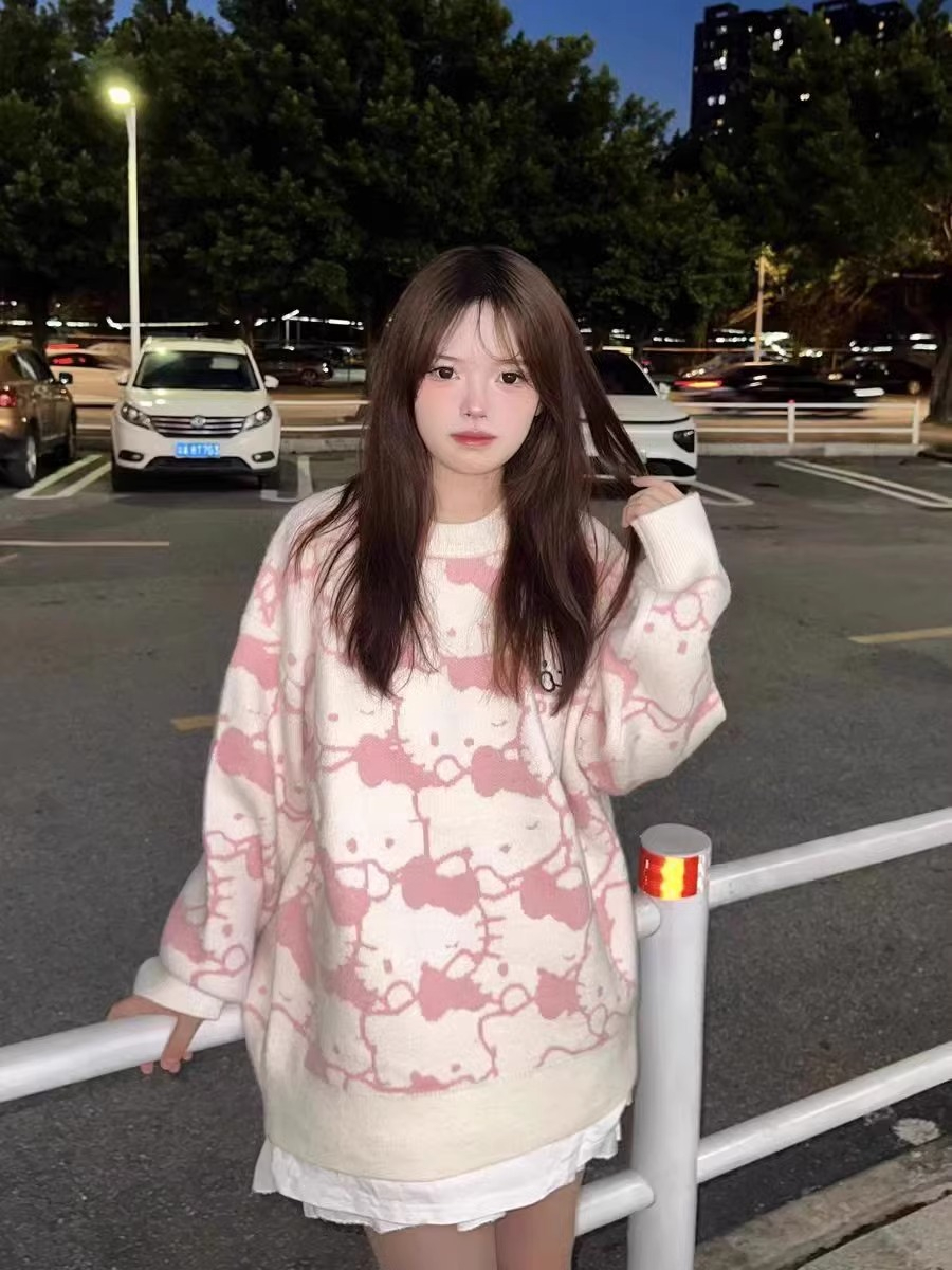 可愛卡通滿印寬鬆圓領上衣外套慵懶三億少女凱蒂貓刺繡毛衣女甜美