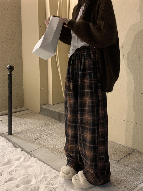 實拍   冬季新款慵懶百搭寬鬆休閒復古格子洋氣休閒褲遛彎褲