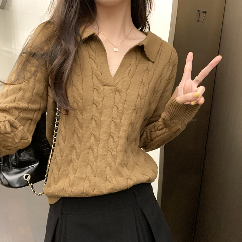 實拍圖美式復古麻花坑條毛衣女2023年秋冬新款慵懶百搭翻領針織衫