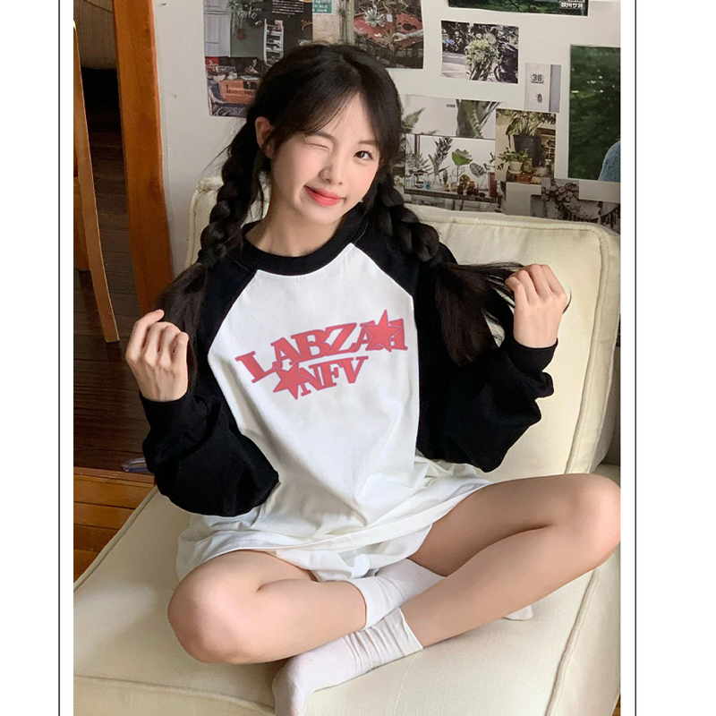 春秋季新款純棉長袖t恤女設計感小眾上衣撞色寬鬆減齡打底衫