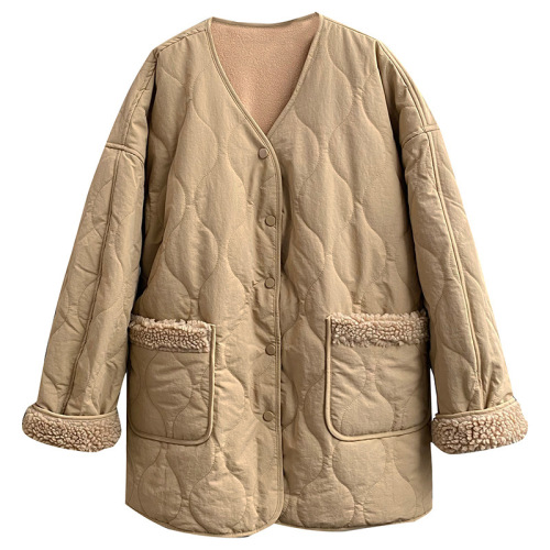 Actual shot~V-neck spliced ​​lamb wool cotton-padded jacket for women Korean style lady’s cotton-padded jacket