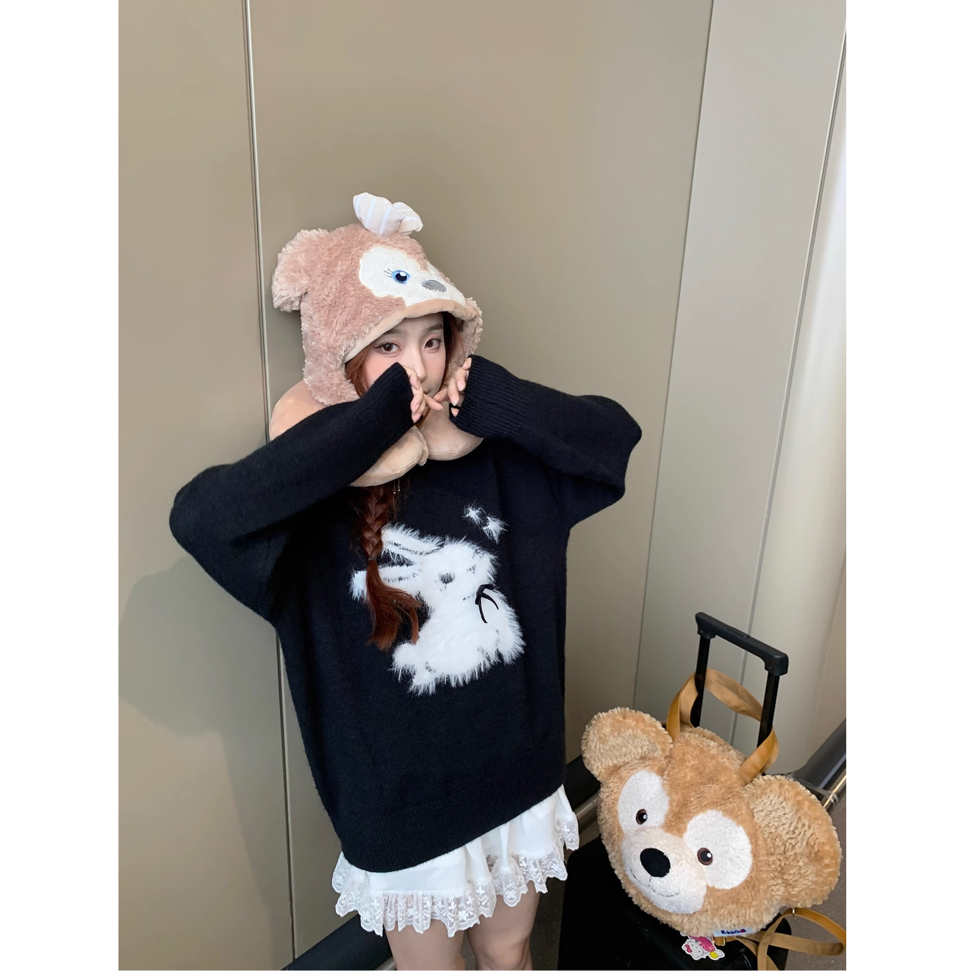 美式黑色兔子毛衣女春秋冬寬鬆外穿慵懶風設計感小眾套頭針織上衣