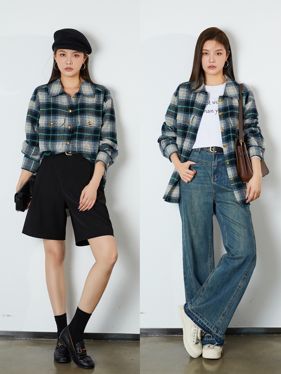K姐KSOEUR色織羊毛襯衫 翻領單排扣格子襯衫女