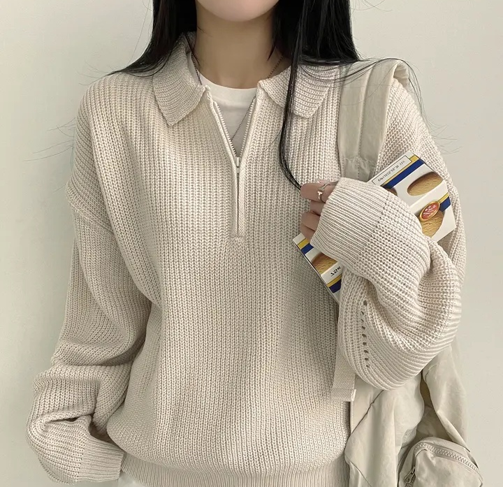 實拍大碼 簡約百搭polo領半拉鏈慵懶寬鬆毛衣女秋冬保暖針織衫