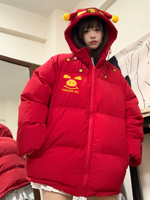TUDOU Potato Cat Red Pig Man Cotton Clothes for Women Winter 2023 New Couple Hooded Cotton Clothes and Jackets Trendy