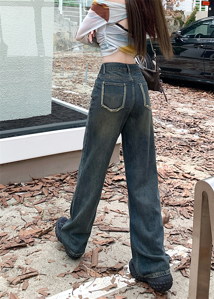 Actual shot ~ Retro pocket design jeans for women, high-waisted slimming straight wide-leg floor-length trousers