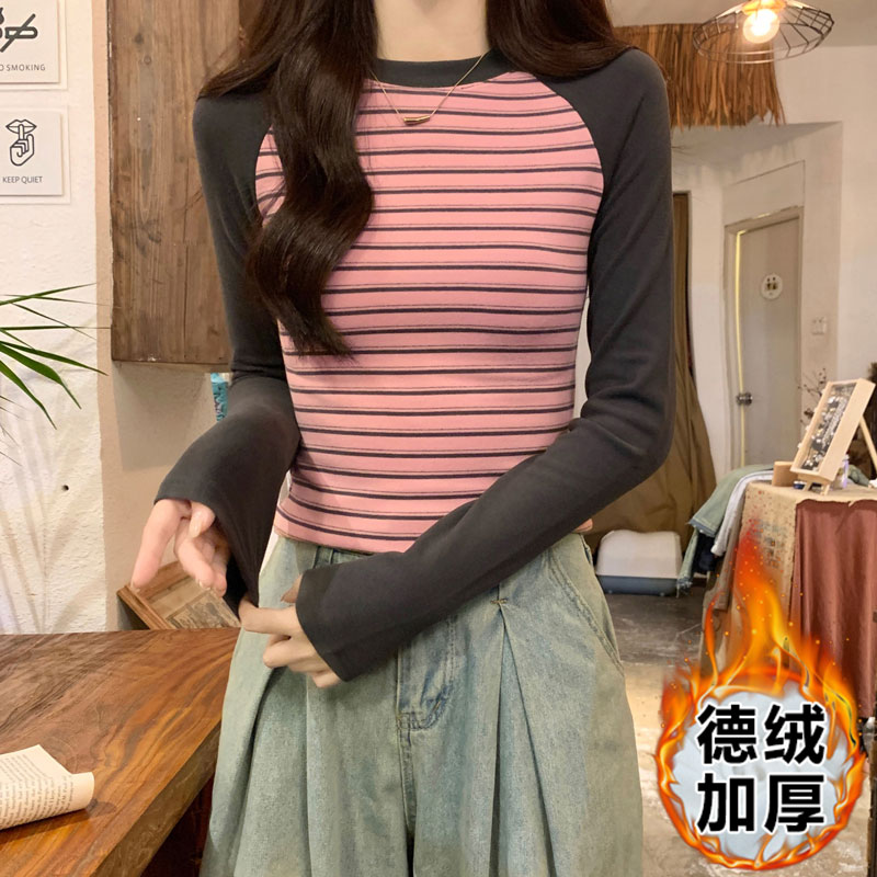 實拍粉色條紋打底衫女秋冬德絨加厚長袖t恤撞色圓領短bm上衣