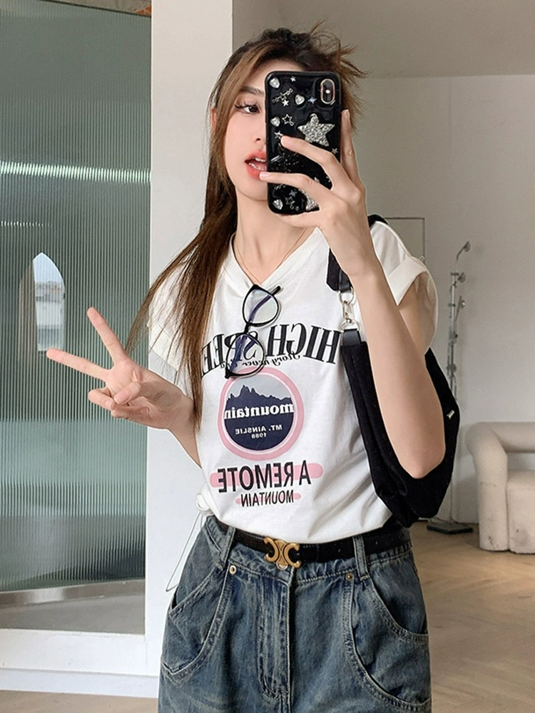 American printed breast style curled front shoulder short sleeve women's summer dopamine wear design top