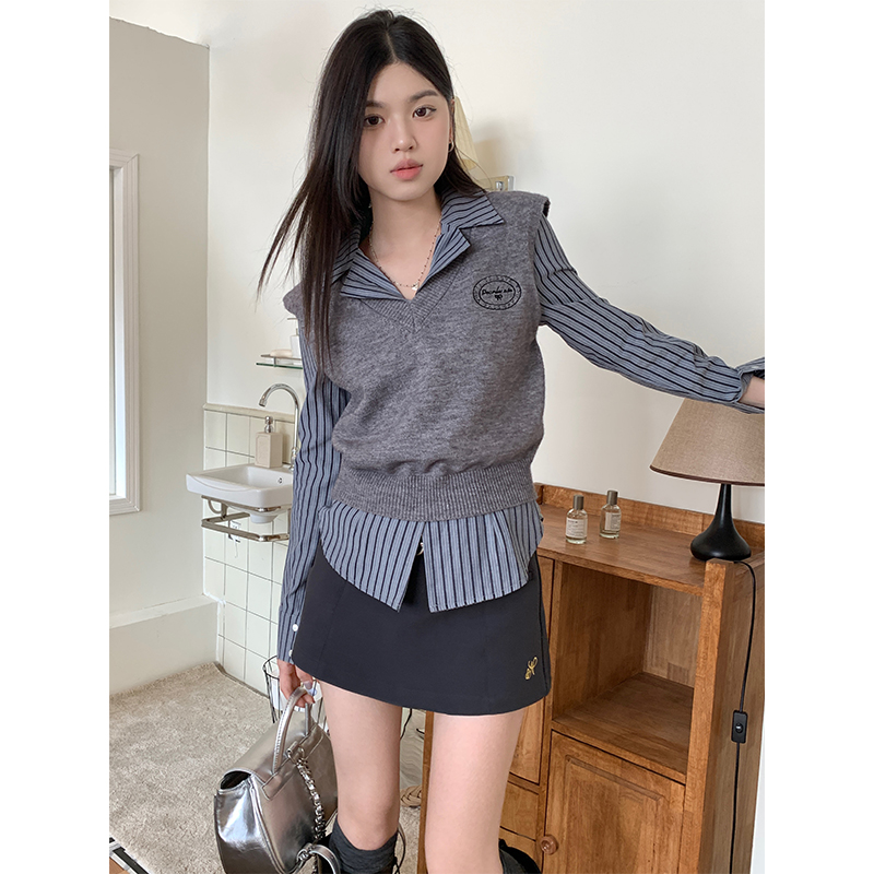實拍學院風兩件套長袖條紋襯衫女針織馬甲背心2023別致辣妹套裝