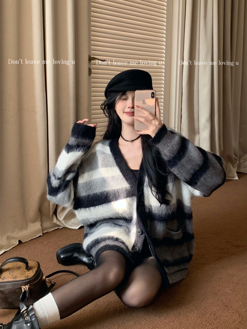 實拍 舊紐約 路易輕奢風馬海毛條紋開衫氣質毛衣外套女
