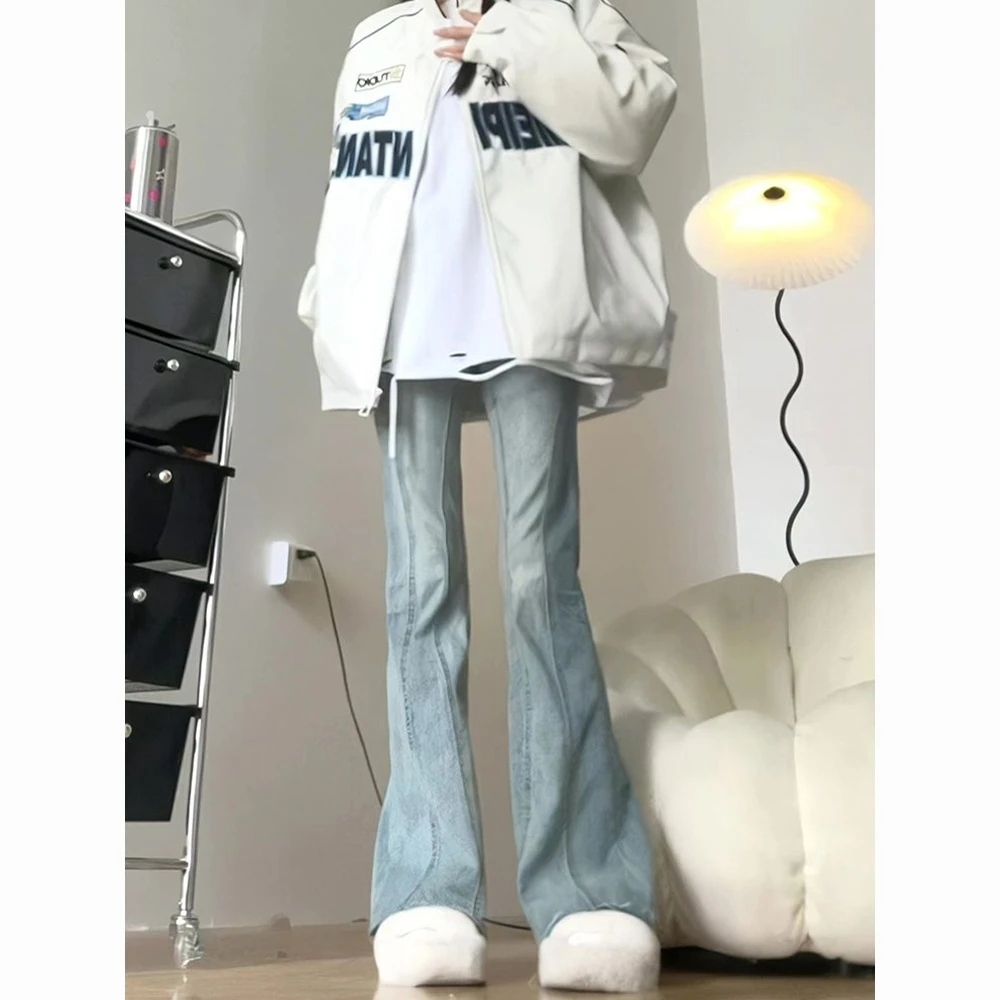 設計感高腰微喇叭牛仔褲女秋季新款直筒修身顯瘦毛邊拖地馬蹄褲子