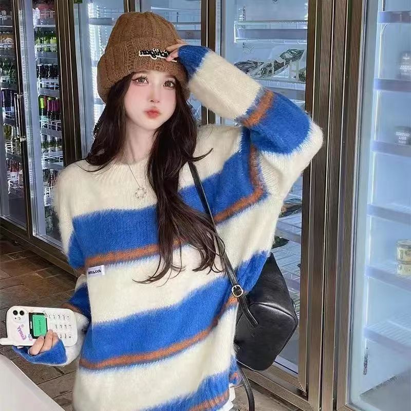 條紋毛衣女秋冬2023新款寬鬆慵懶風韓系溫柔風軟糯奶系穿搭針織衫