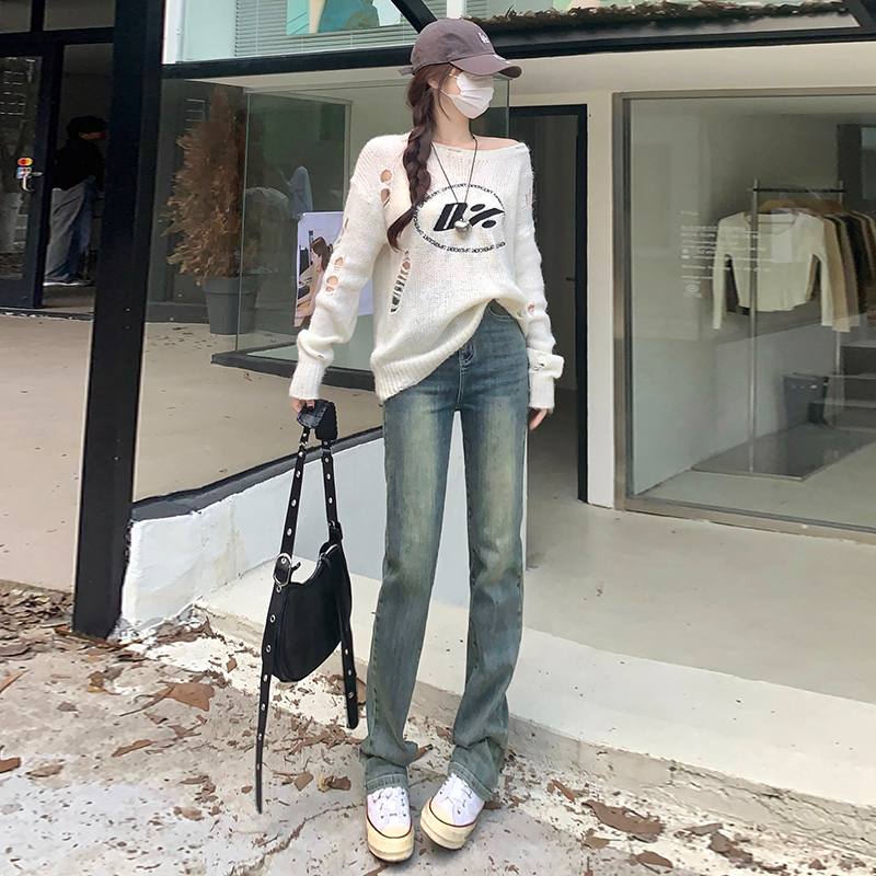 實拍2023秋季時尚潮流水洗直筒褲彈力高腰牛仔褲女
