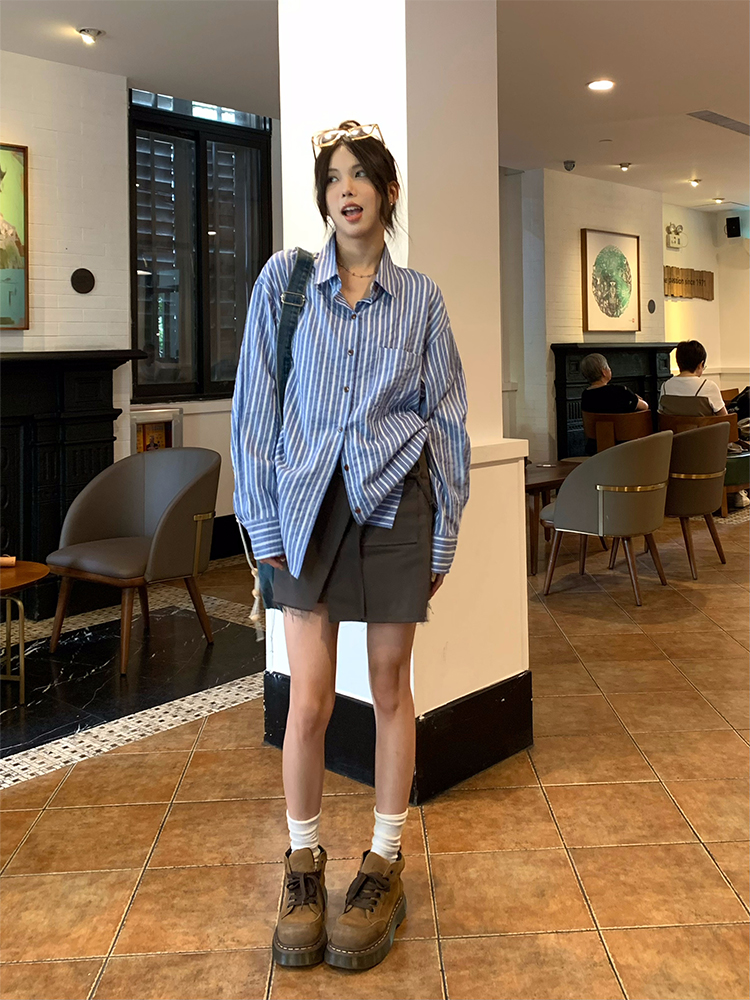荒荒家藍條紋口袋襯衫女2023秋韓系通勤寬鬆休閒顯瘦長袖翻領襯衣