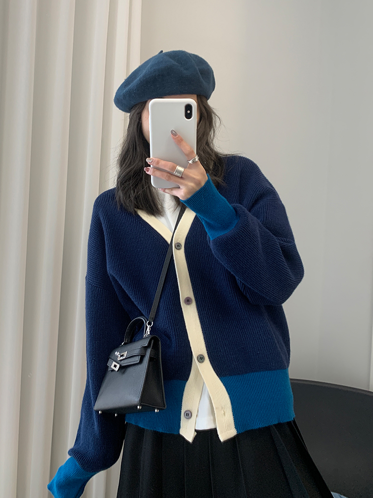 v領針織開衫女春秋外搭新款洋氣寬鬆慵懶風百搭撞色毛衣外套