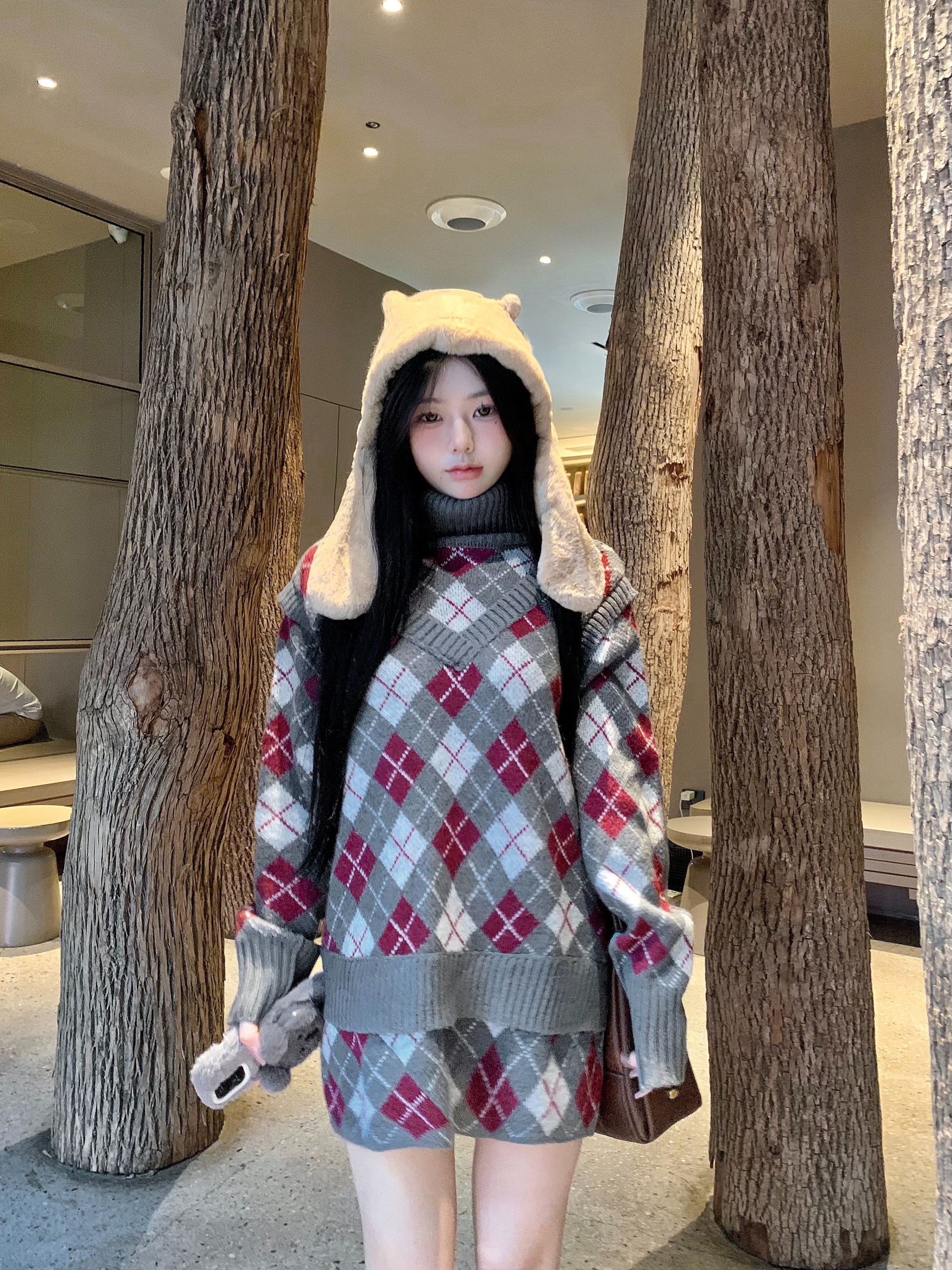 實拍~復古菱格針織毛衣連衣裙女秋冬寬鬆顯瘦假兩件針織短裙