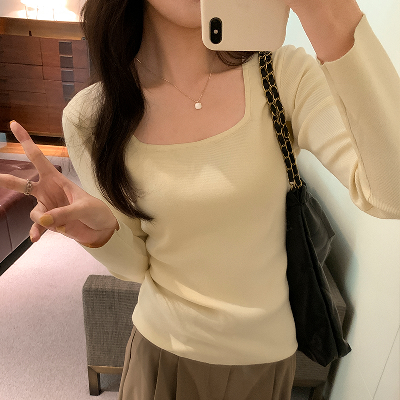 實拍圖方領針織收腰長袖T恤女秋2023新款修身顯瘦辣妹百搭打底衫